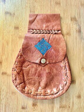 Vintage Mid Century Handmade Leather Belt Pouch With Blue Celtic Knot And Button